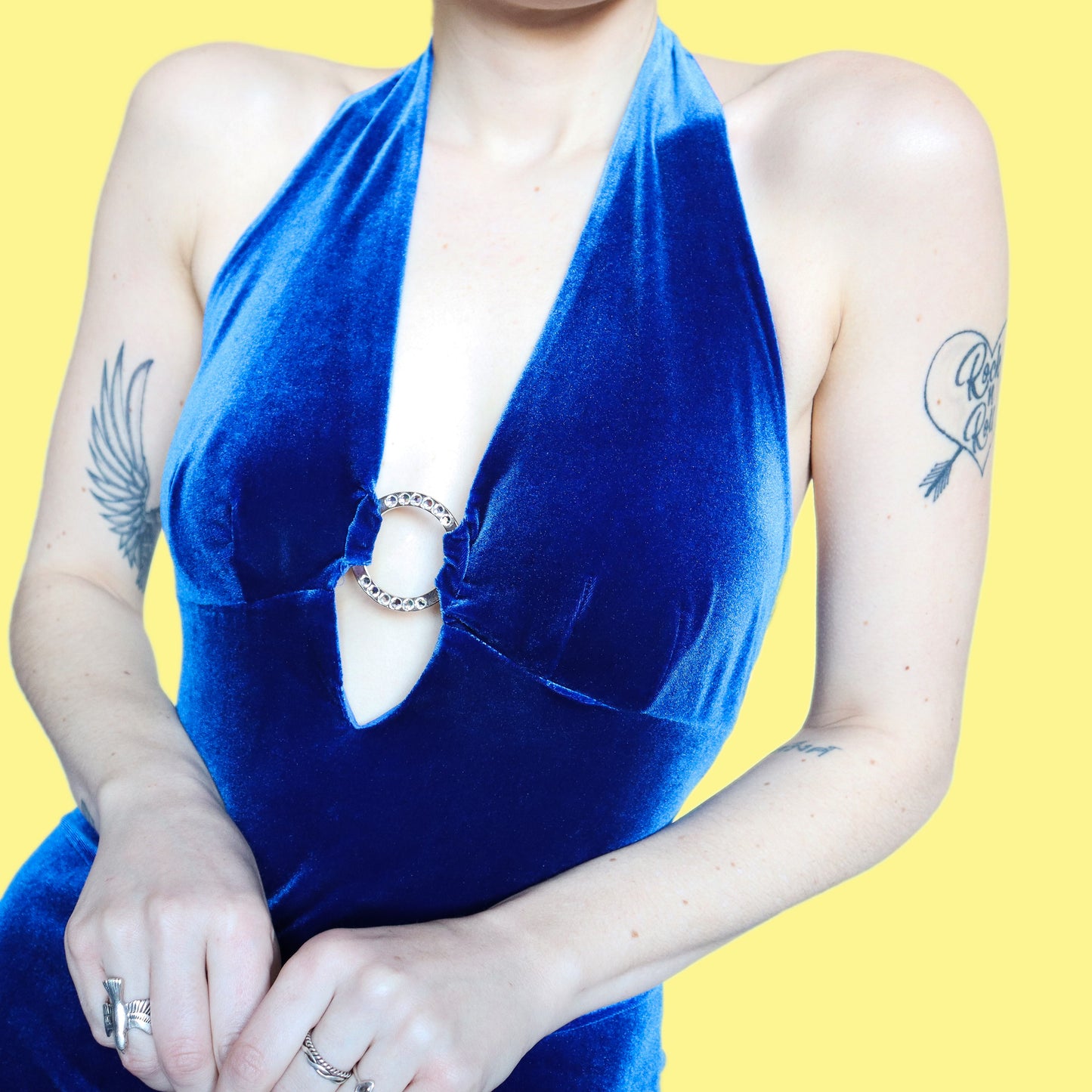 Stunning electric blue velvet halter neck evening dress UK 12