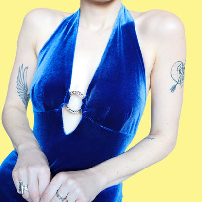 Stunning electric blue velvet halter neck evening dress UK 12