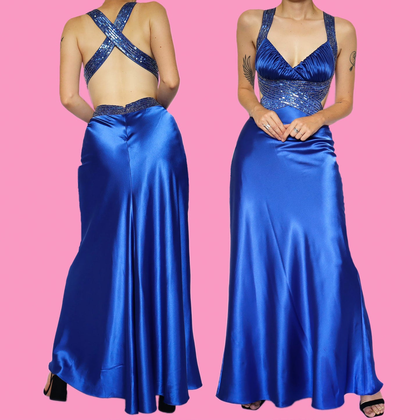 Electric blue satin sequin beaded evening dress UK 6
