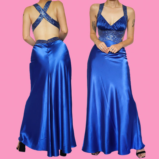 Electric blue satin sequin beaded evening dress UK 6