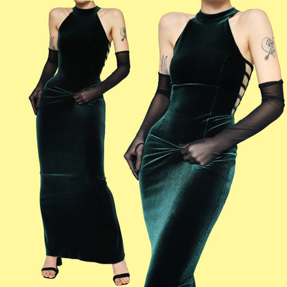 Dark green velvet stretch evening dress UK 12