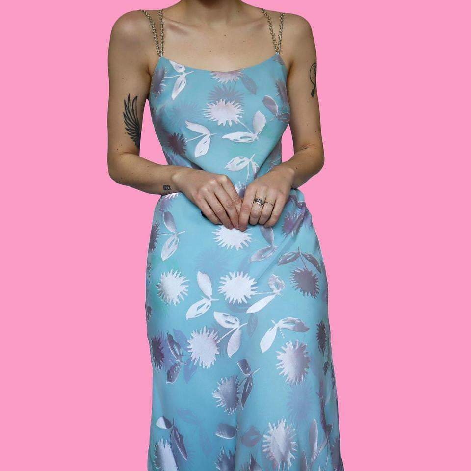 Cute blue silk blend floral slip dress UK 8-10