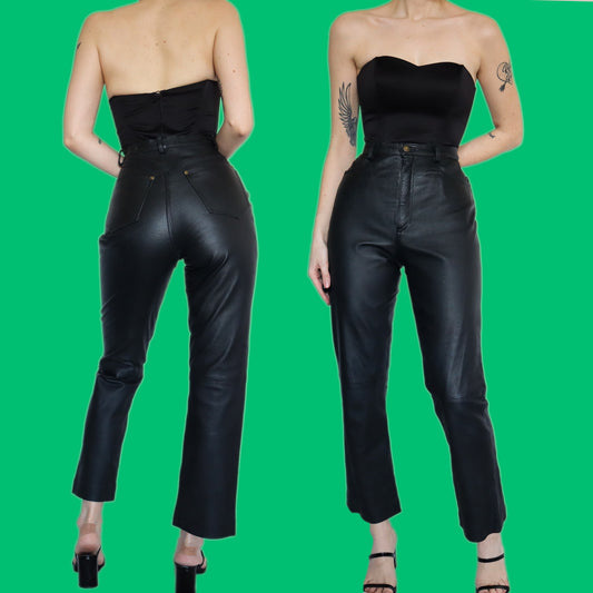 Super chic black 100% real leather trousers UK 12