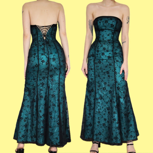 Stunning teal strapless floral evening dress UK 10