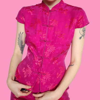 Beautiful bright pink silk blend floral 2 piece top & skirt set UK 14