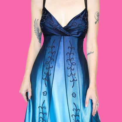 Blue ombré beaded evening dress UK 16