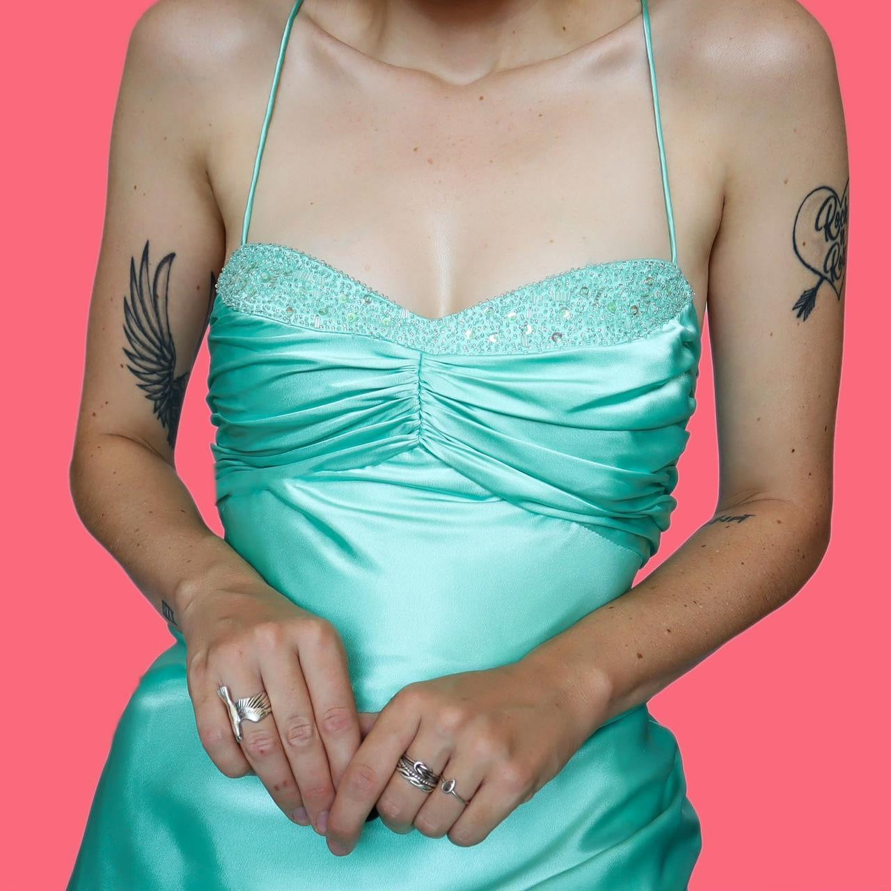 Aqua satin beaded evening dress UK 12