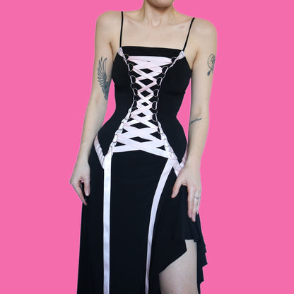 One of a kind black stretch lace up front party dress UK 12