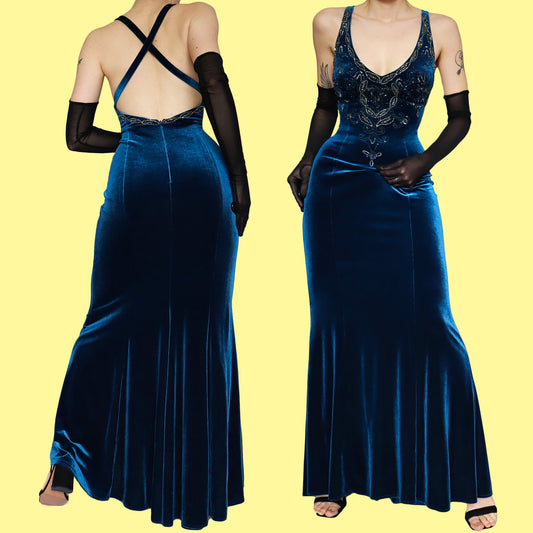 Blue velvet beaded evening dress UK 12