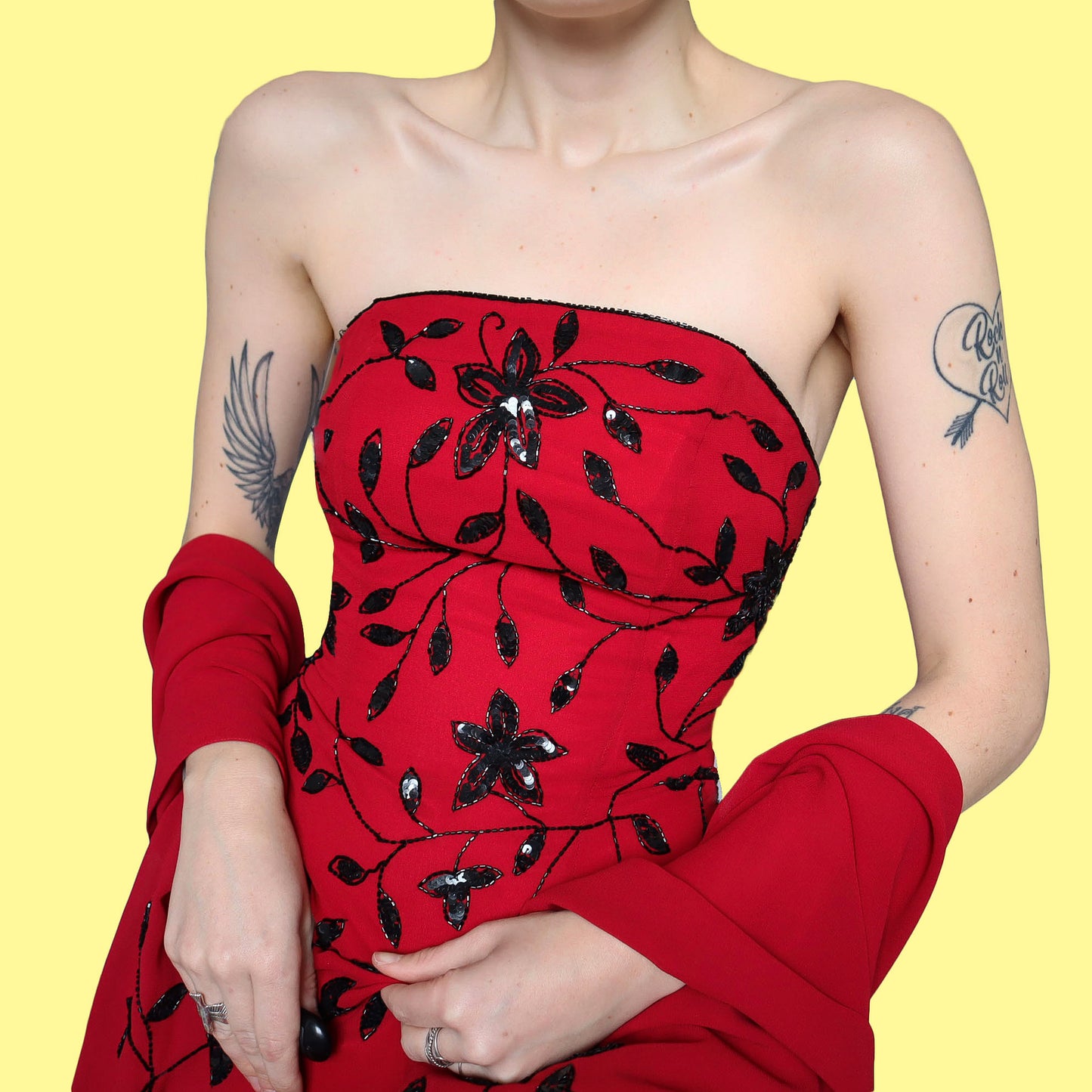 Red strapless sequin evening dress with shawl UK 10