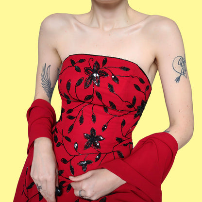 Red strapless sequin evening dress with shawl UK 10