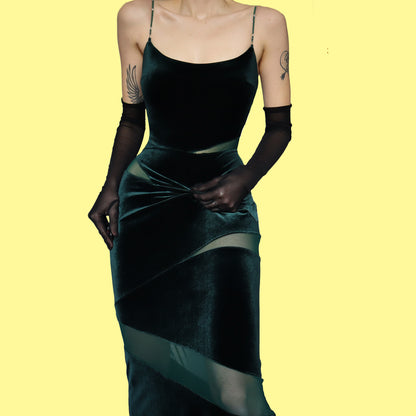 Green velvet cut out evening dress UK 14