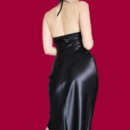 Black satin halter-neck midi dress UK 10-12
