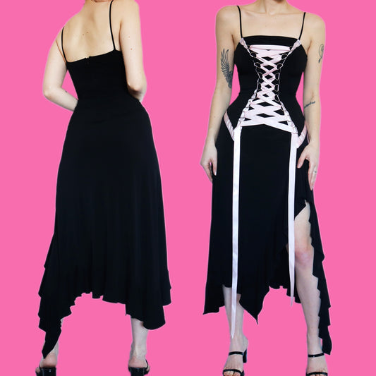One of a kind black stretch lace up front party dress UK 12