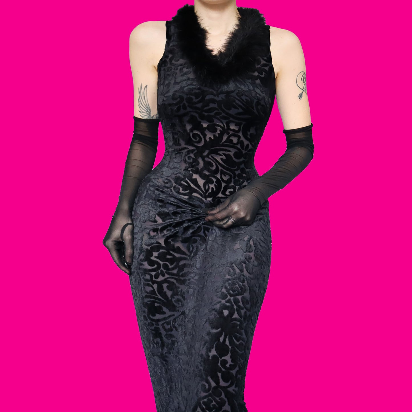 Black velvet stretch bodycon evening dress UK 10