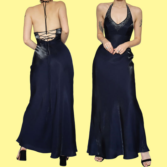 Silky navy halter neck evening dress UK 8