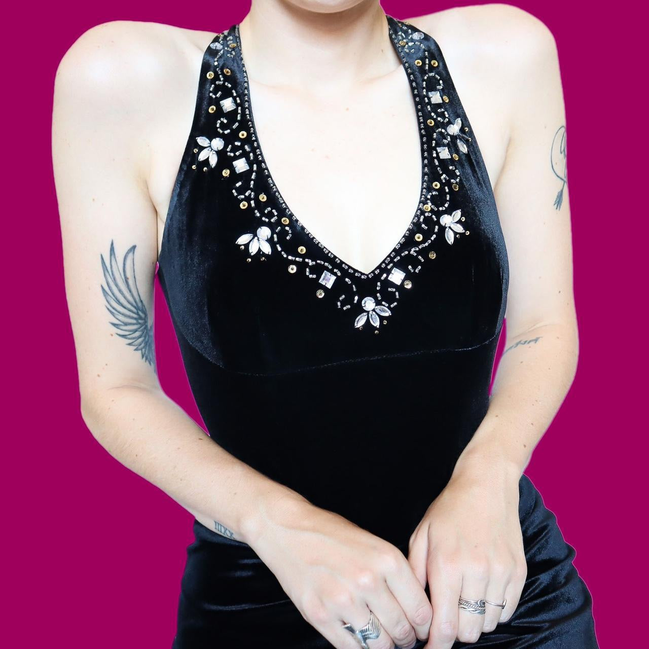 Black velvet gem detail evening dress UK 16