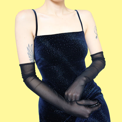 Navy blue glittery velvet stretch evening dress UK 12