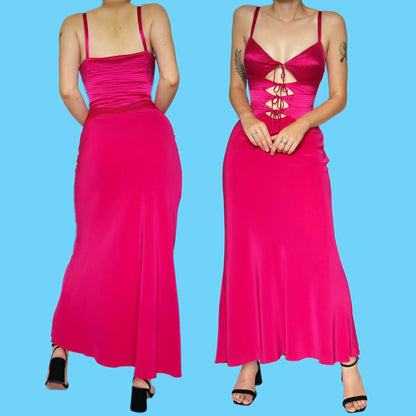 Fuchsia pink tie front detail evening dress UK 12
