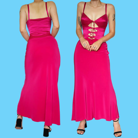 Fuchsia pink tie front detail evening dress UK 12