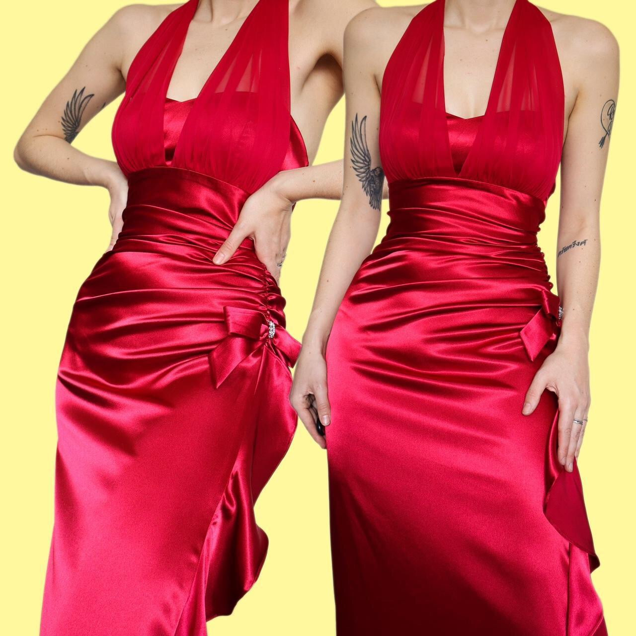 Stunning red satin draped evening dress size UK 10