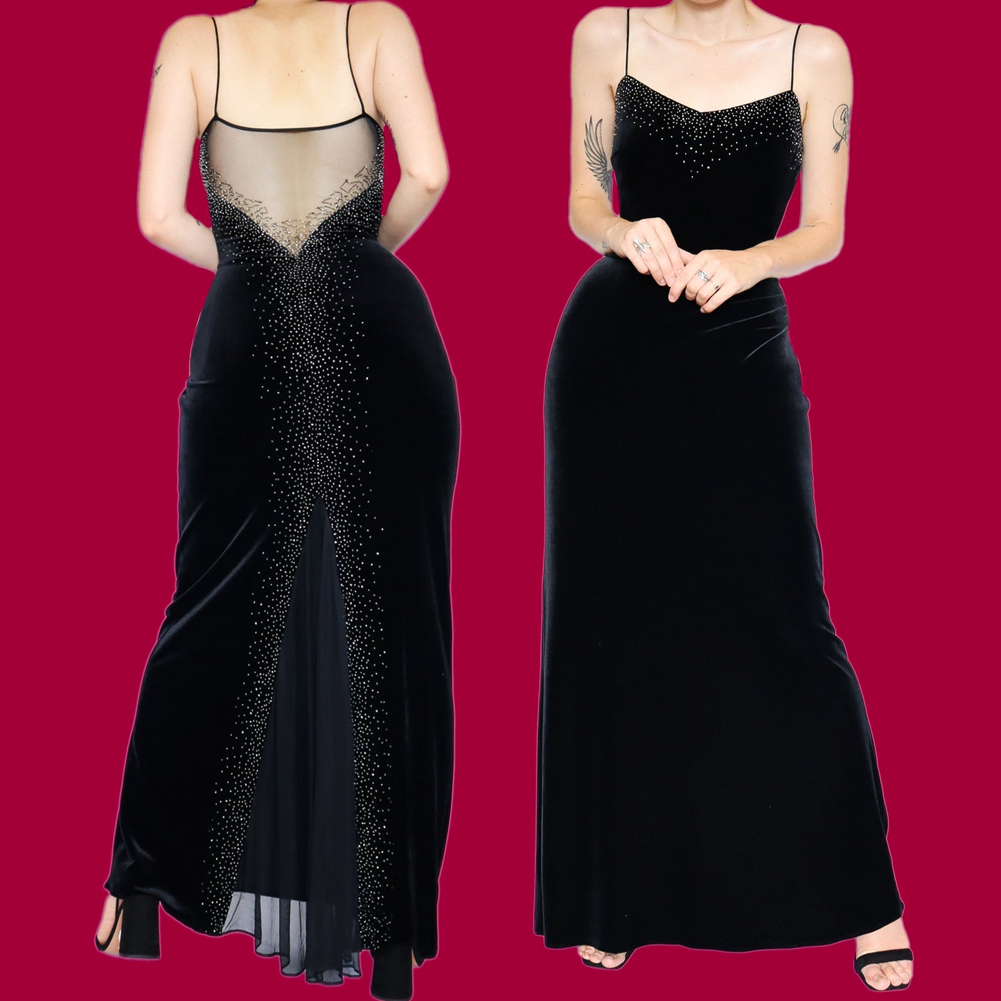 Black velvet beaded stretch evening dress UK 12 & UK 14