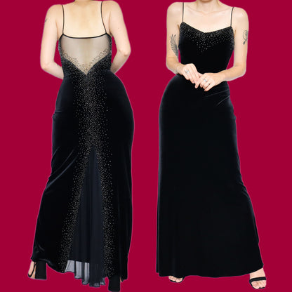 Black velvet beaded stretch evening dress UK 12 & UK 14