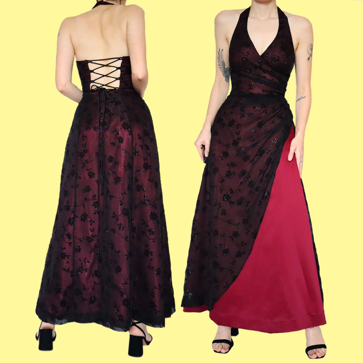 Red floral glittery halter neck evening dress UK 8