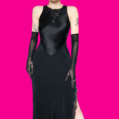 Black lace open back evening dress UK 10