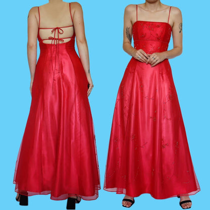 Red beaded a line prom dress UK 10