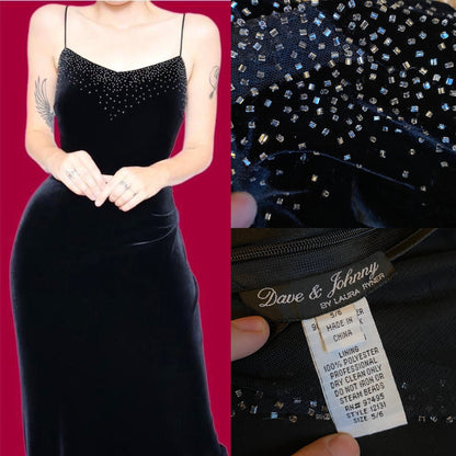 Black velvet stretch beaded evening dress UK 12