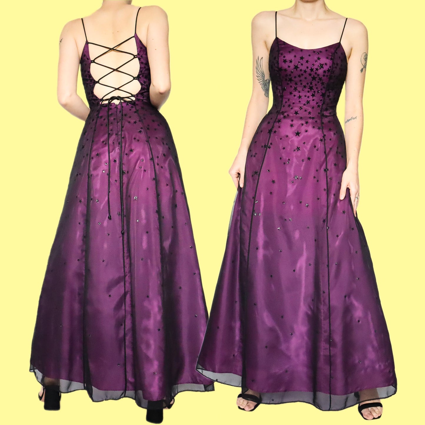 Purple glittery star print a line prom dress UK 6