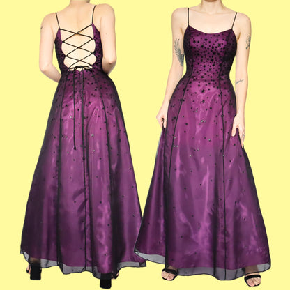 Purple glittery star print a line prom dress UK 6