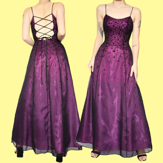 Purple glittery star print a line prom dress UK 6
