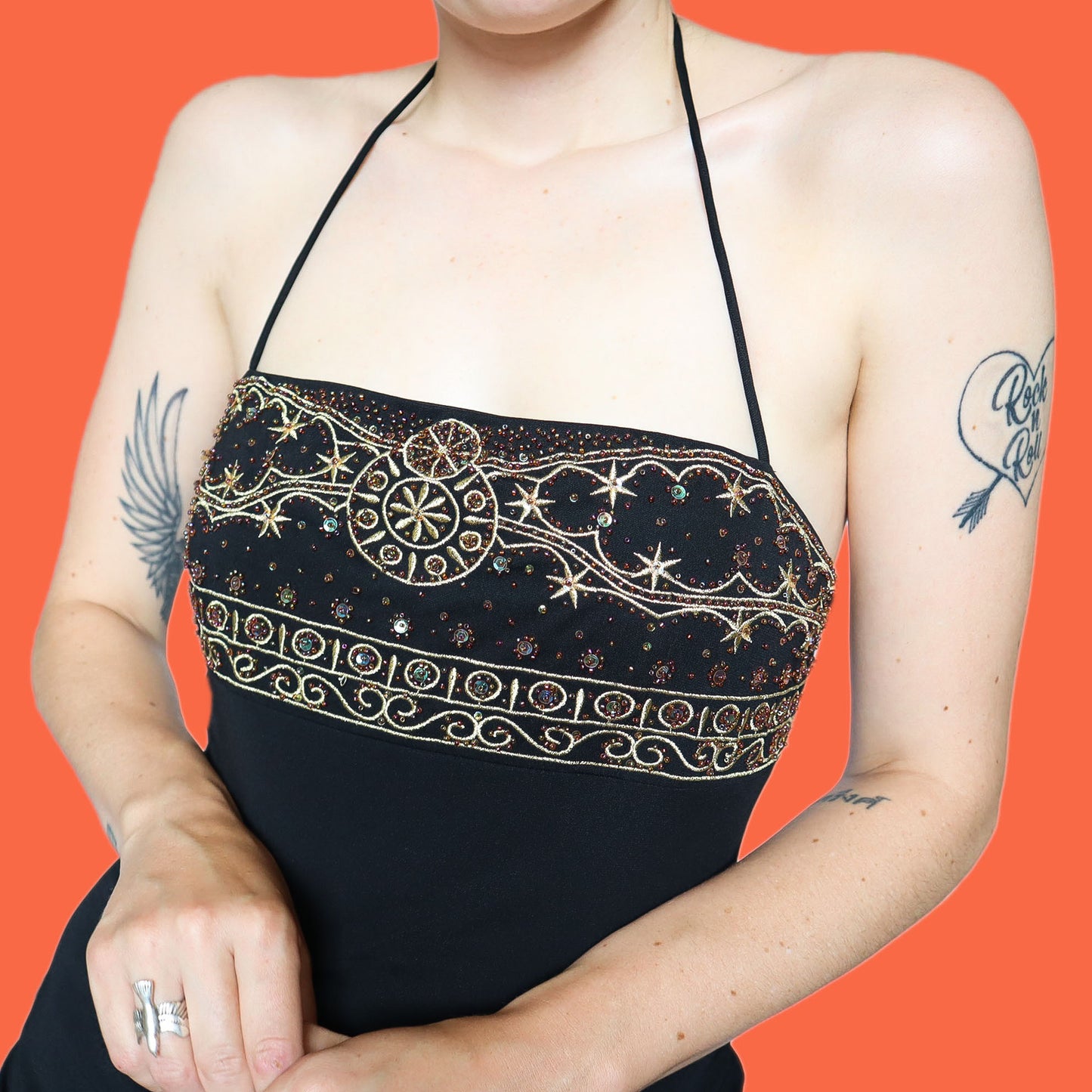 Beautiful black stretch a line halter-neck evening dress UK 12