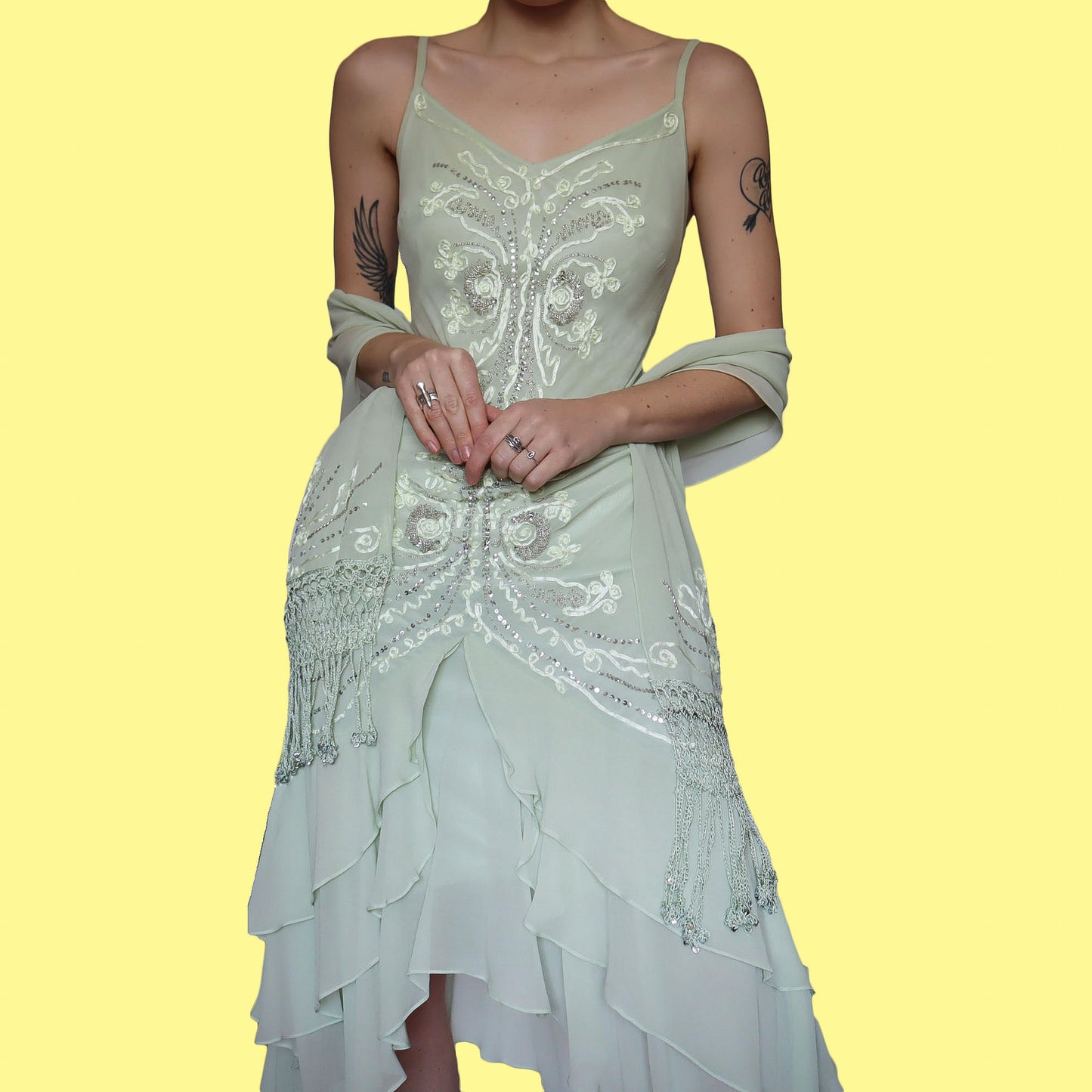 Green 100% silk midi dress & shawl UK 14