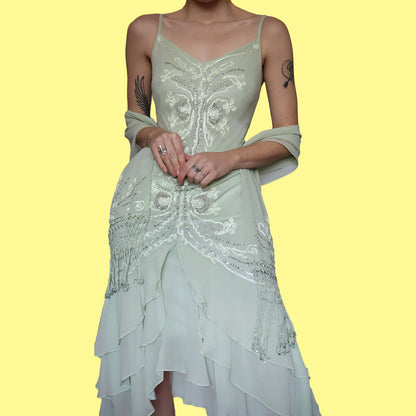 Green 100% silk midi dress & shawl UK 14