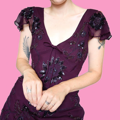 Purple Pure Silk Beaded Evening Dress UK 12