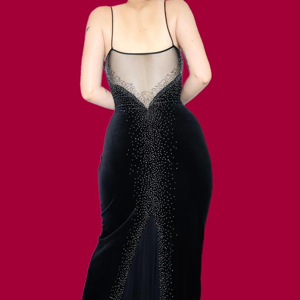 Black velvet stretch beaded evening dress UK 12