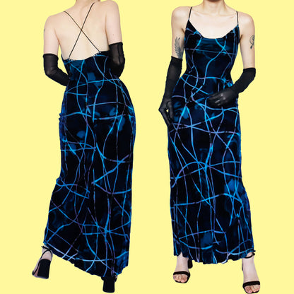 Blue silk blend velvet slip evening dress UK 10