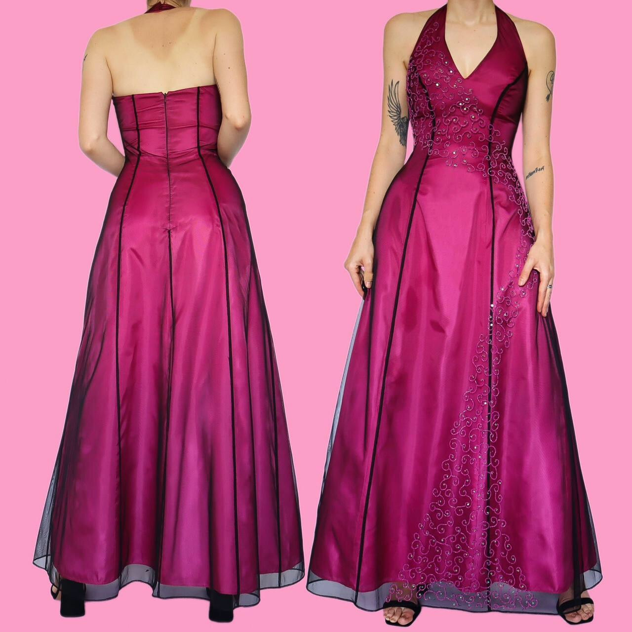 Stunning pink a line halter neck evening prom dress UK 10