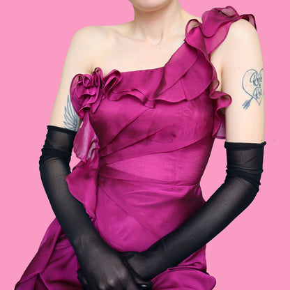 Pink frilly one shoulder evening dress UK 12