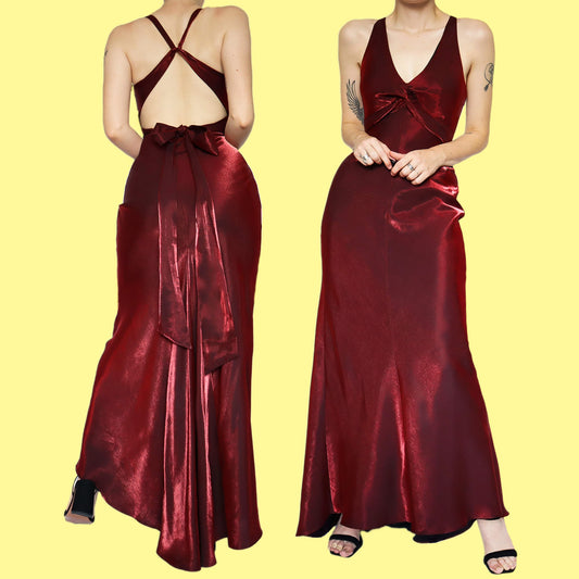 Silky red open back evening dress UK 8