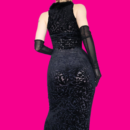 Black velvet stretch bodycon evening dress UK 10