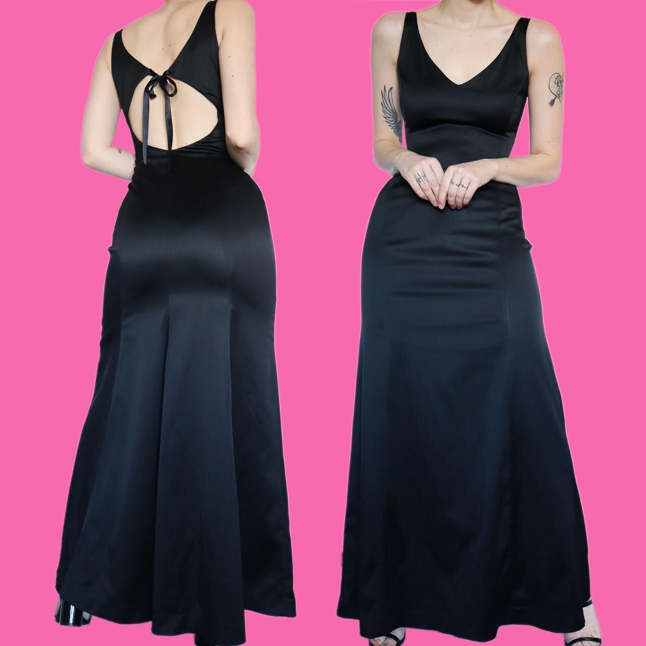 Chic black stretch open back detail evening dress UK 12