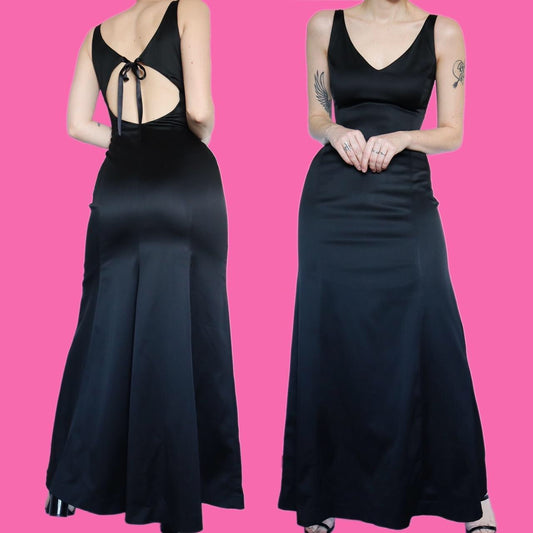 Chic black stretch open back detail evening dress UK 12
