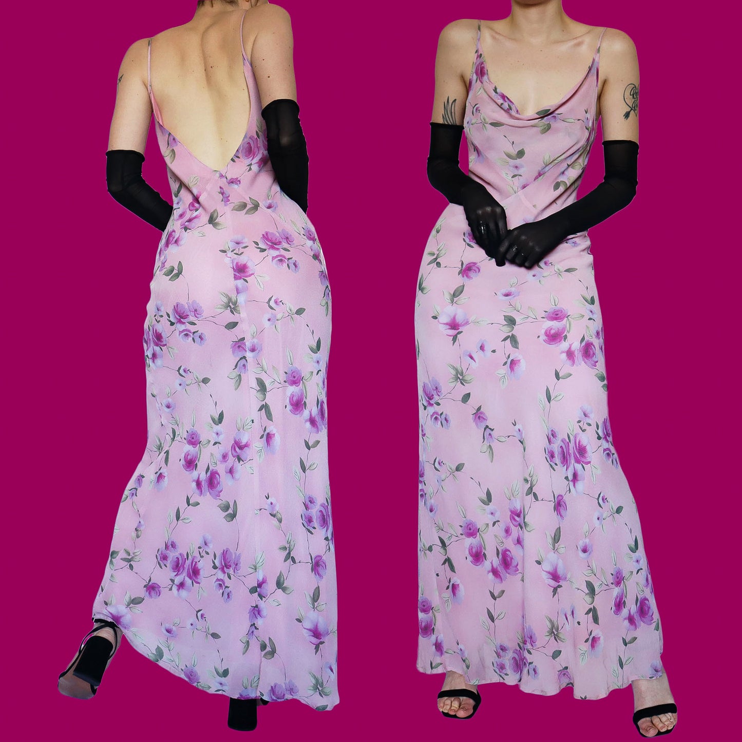 Pink floral slip evening dress UK 14