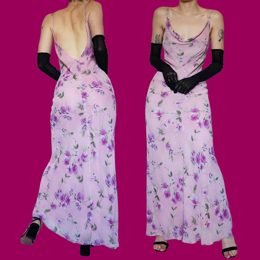 Pink floral slip evening dress UK 14