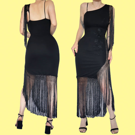 Black stretch fringed evening dress UK 12