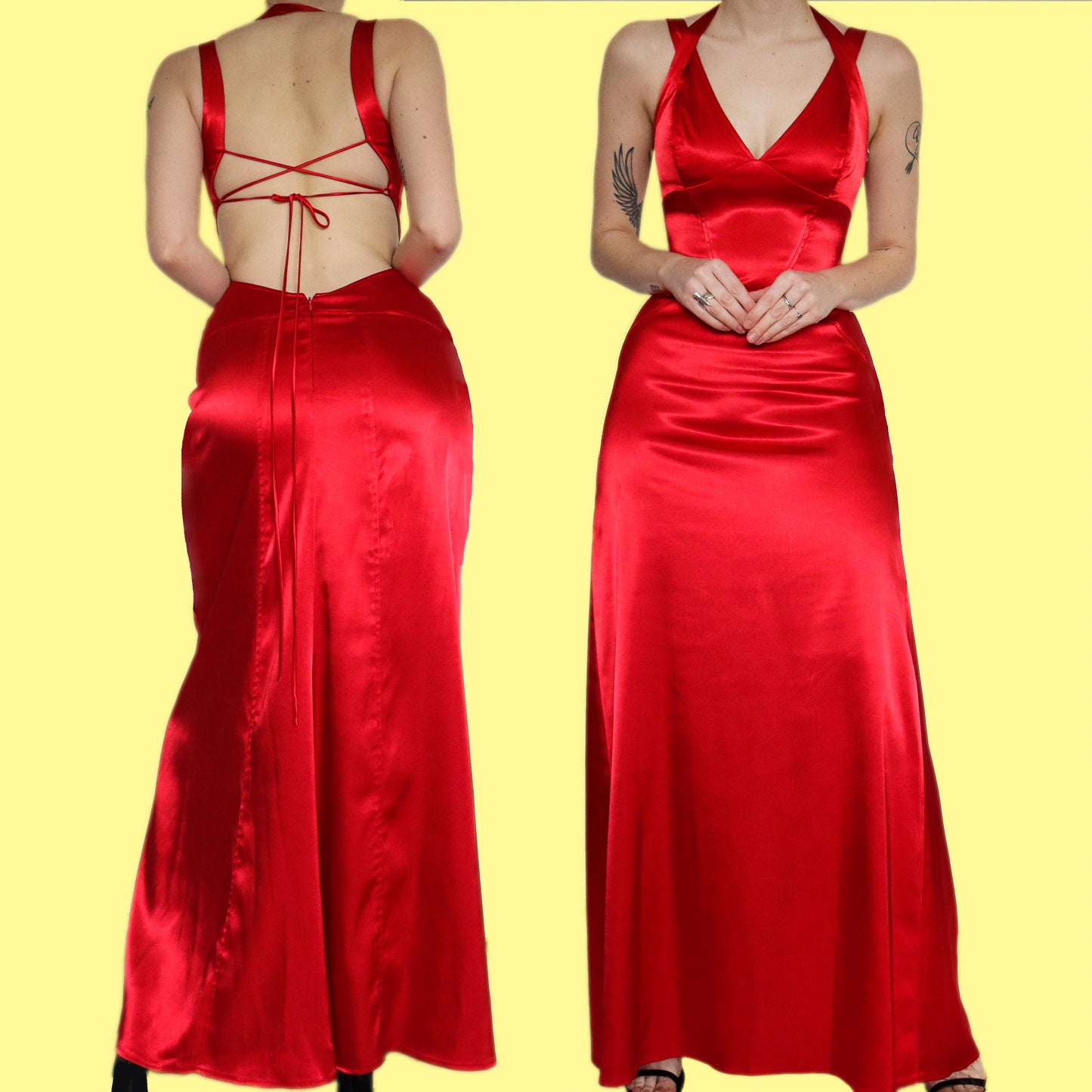 Beautiful bright red silky open back evening dress UK 12